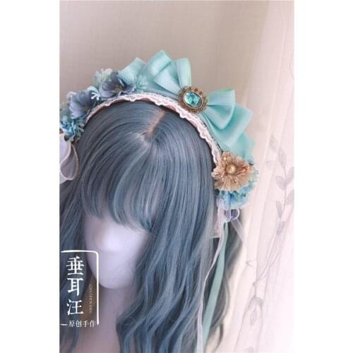 Original Handmade lolita Dragon King blue-green asymmetric Gorgeous KC Bowknot Ribbon Hair Hoop Vintage Cosplay Headwear Props