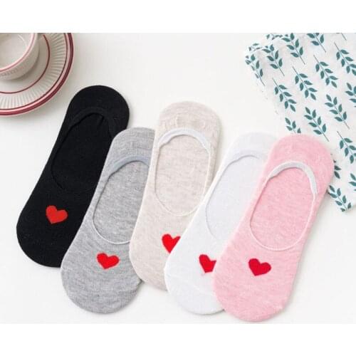 Q 5Pairs/Lot Cartoon Love Heart Women Socks Silicone Slip Invisible Cotton Sock Summer Funny Short Sock Cute Pattern