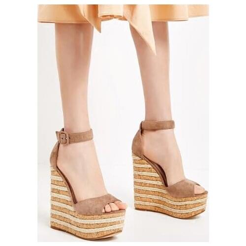 Carpaton Sexy Peep Toe Platform Sandal Summer Ankle Strap Rope Braided Wedge Shoes Bohemia Style Super High Dress Shoe Black