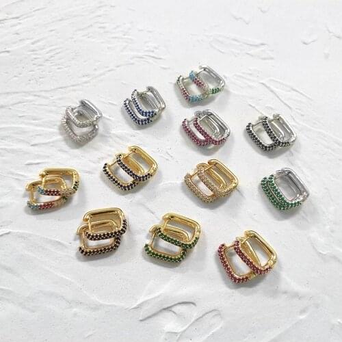 Gold Silver Color U Shape Colorful CZ Stone Earrings Mixed Geometric Earrings for Women Minimalist Small Hoop Earrings