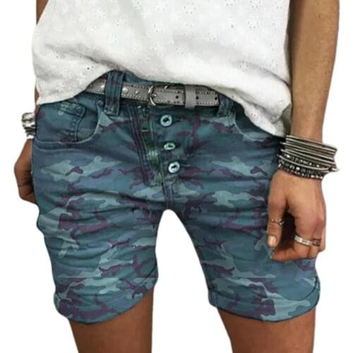 Summer Women Shorts Sexy High Waist Camouflage Print All-matched Stretchy Buttons Slim Denim Shorts Streetwear шорты женский