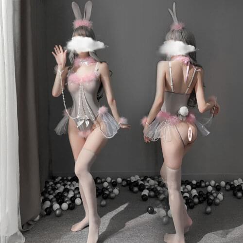 Sexy Bead Chain Fascinating Rabbit Female Suit Plush Trim Bow Embellishment Sexy Stockings Net Yarn Uniform Suit Ladies Cosplay