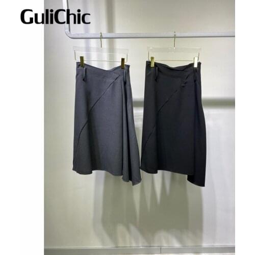 9.2 GuliChic High Quality Women Chic Fashion Solid Color High Waist Irregular Mid Length Skirt