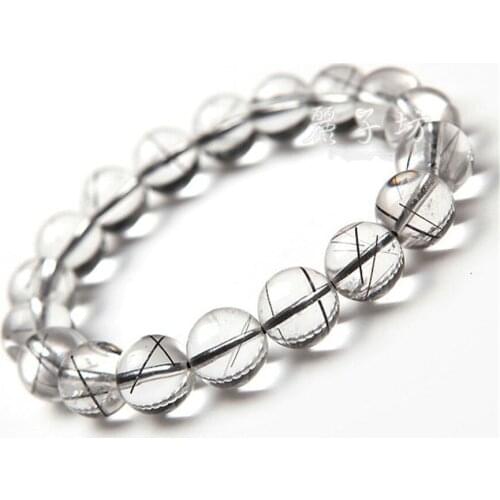 12mm Genuine Natural Black Rutilated Quartz Bracelets Clear Round Bead Crystal Stretch Bracelet Women