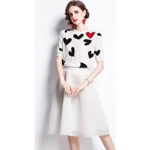 2021 Summer Women New Short Sleeve Heart Diamond Inlay Pullover Knitted Top + High Waist Solid A Line Skirt Two Piece Set