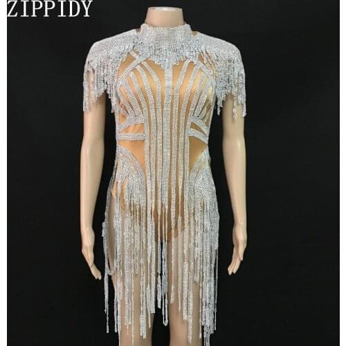 2019 New design Sparkly Silver Fringes Bodysuit Women Celebrate Costume Female Singer Tassels Leotard Performance Dance Wear