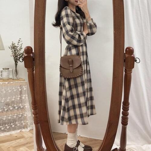 Fashion Plaid Long Sleeve Women Midi Dress V Neck Spring Autumn Buttons Waist Tied Dress A-line Retro Chic Simple for School
