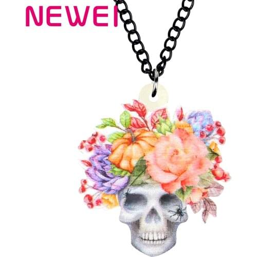 Newei Acrylic Halloween Flower Skull Necklace Choker Collar Print Pendant Chain Jewelry For Women Girls Kids Fashion Charms Gift