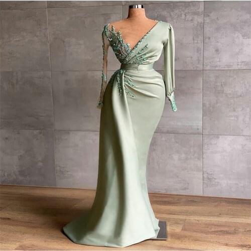 Long Sleeves Prom Dresses Sexy V Neck Beads Appliqued Lace Robe De Soiree Chic Abendkleider Custom Made Evening Gowns