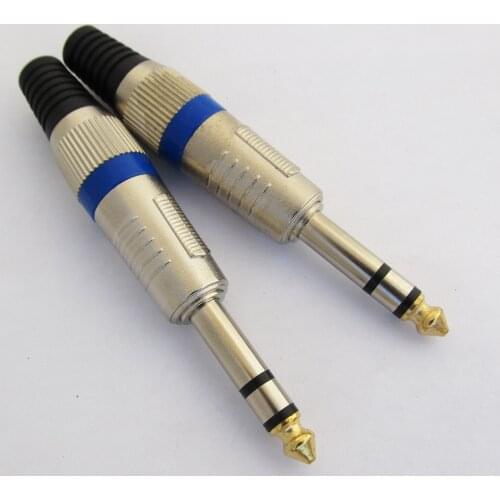 1pc Metal 1/4" 6.3mm Stereo Male Plug Audio Connector Blue Ring & Black Plastic