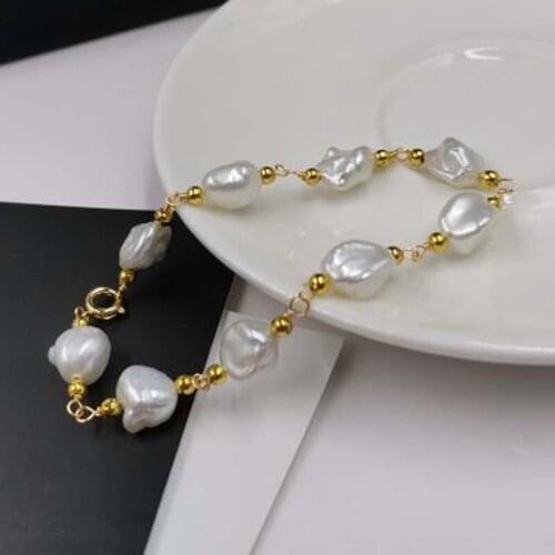 14KGF 8-9mm natural rare pearl golden chain bracelet 18-19cm