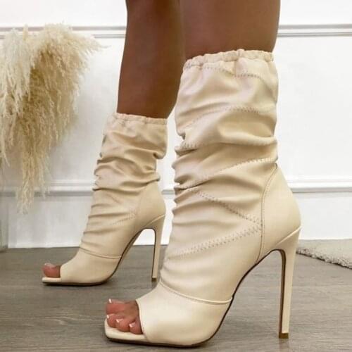 Wholesale Slip-on PU Upper Large Size 43 Plicated Women Ankle Boots Solid Thin High Heel Square Peep Toe Ladies Summer Booties