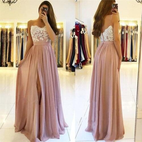 Elegant Lace Long Bridesmaid Dresses Spaghetti Open Back High Side Split Sweep Train Country Style Wedding Guest Gowns Maid Of H