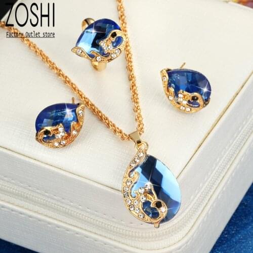 Ethnic Blue Peacock Crystal Jewelry Set For Women Gold Plate Water Wave Chain Pendant Necklace Droplet Stud Earrings Adjust Ring