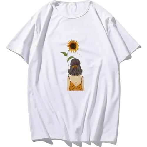 Sun Flower Cartoon Print T-Shirt Man/Women Harajuku Kawaii Tshirt Summer Tops Sweet and Fresh T Shirt Girl Hand Drawn Tee