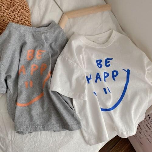 T Shirts for Children 2021 Summer New Kids Cotton T Shirts Casual Smiley Letter Print Short Sleeve Tops for Boys and Girls 2-8 Y
