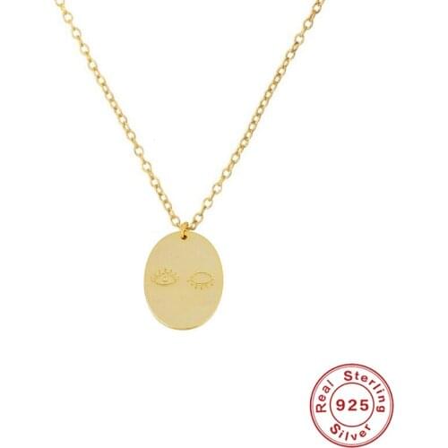 GS 925 Sterling Silver Pendant Necklace With Cute Eye Pattern Mirror Polish Round Discs Plate Pendant Chain Necklace For Women