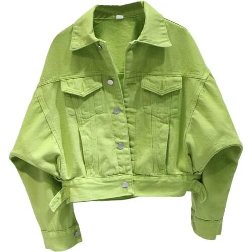 Denim Jacket Women 2020 Spring Autumn Fashion Candy color Short Coat Loose Bat sleeve Casual Female Jacket Single-breasted Tops