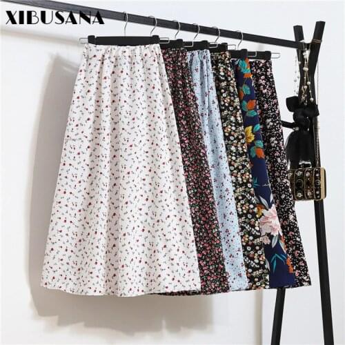 Summer Skirts Womens 2021 Vintage Floral Print Chiffon A-Link Skirt Elastic High Waist Casual Midi Skirt Clothes Jupe Plus Size