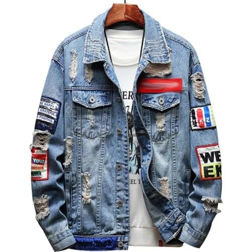 Hip-hop fashion print lapel denim jacket single-breasted casual streetwear autumn Hole Loose Long Sleeve cotton outerwear