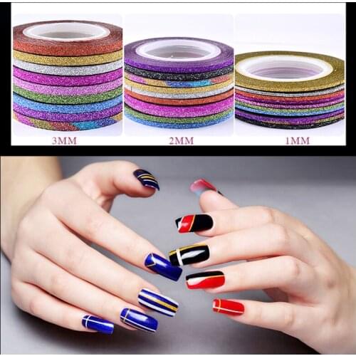 10 Pieces Mixed Colors Nail Art Sticker Glitter Striping Line Tape Decorations 1MM/2MM/3MM DIY Self-Adhesive Manicure Decoration