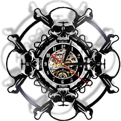 Skull Head Vinyl Record Wall Clock Aged Skeleton Head Wall Clock Skeleton Vampire Men Halloween Decor Wall Hanging Clock Watch