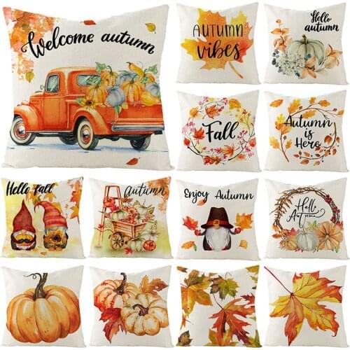 Autumn Plants Cushion Cover 45X45 Pumpkins Maple Leaf Decorative Pillowcase Fall Linen Pillow Cover Sofa Cushions Home Decor