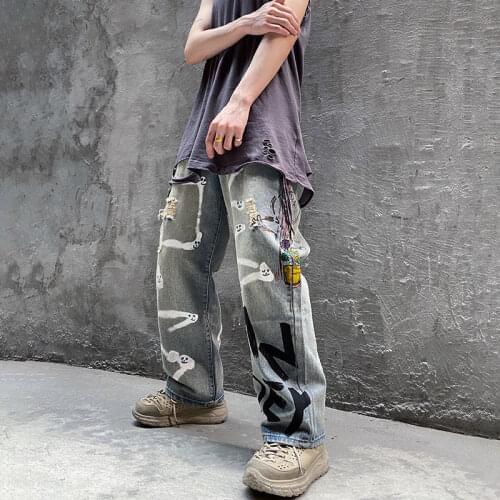 Japanese Streetwear Men Hip Hop Personalized Graffiti Jeans Mens Fashion Brand Loose Straight Trousers Ripped Pants Cargo Blue
