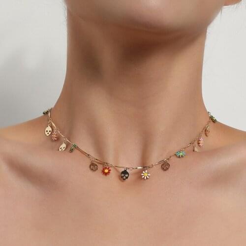 Trendy Colorful Painted Beads Flower Skull Choker Necklace Women Geometric Chains Clavicle Necklace Chocker Colar Jewelry Gift