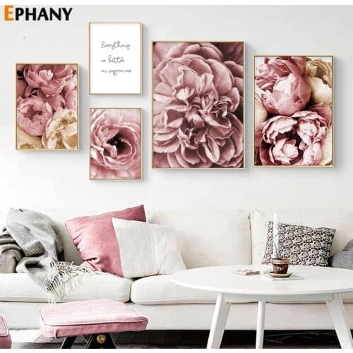 Pink Peony Canvas Poster Nordic Print Positive Life Text Quote Painting Flower Decoration Picture Modern Living Room Decor