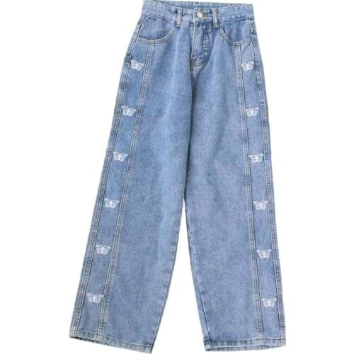 Lolita Jeans For Women Highwaist Boyfriend Spring Autumn Embroidery Butterfly Denim Long Trousers Chic Blue Y2k Baggy Jean Pants