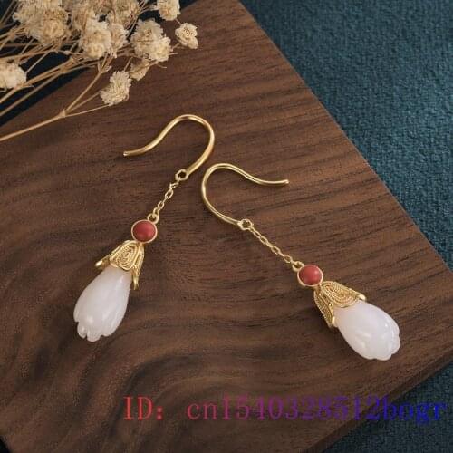White Jade Flower Earrings Zircon Amulet Fashion Chalcedony Charm Gemstone Natural Women Crystal Gifts Jewelry 925 Silver