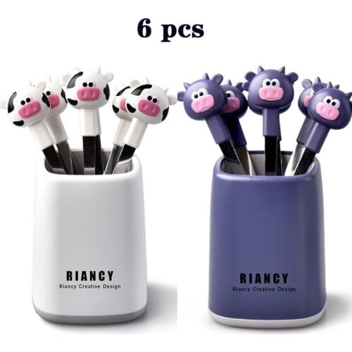 6pcs Cows Fruit Fork with Holder Stainless Steel Desert Forks Salad Vegetable Cocktail Food Pick Toothpick BBQ Bento Accessories