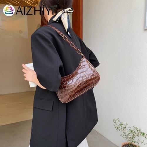 Vintage Women PU Leather Alligator Pattern Pure Color Shoulder Underarm Bag Casual Ladies Chain Handbags Purse