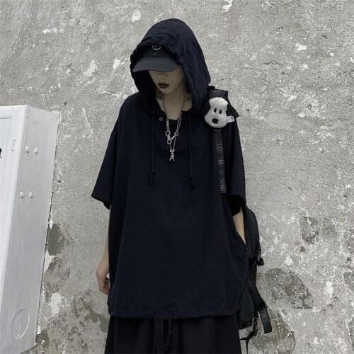 Vintage Harajuku Black Loose Women T-Shirts For Tops 2020 Summer Lady Hooded Lady Tee Sihrts Streetwear Woman Clothing Feminina