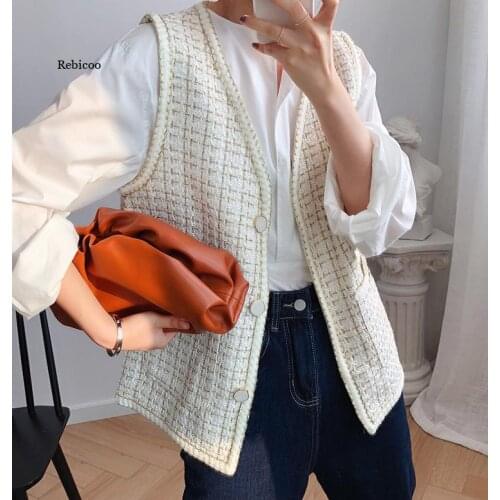Women Spring Korea Style V-Neck Sleeveless Plaided Knitted Vest Office Lady Open Stitch Classical Clothes Fashion