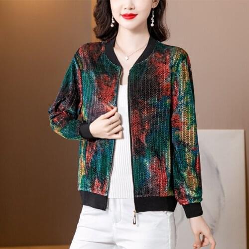 2021 Fashion Autumn Women Bomber Velvet Florals Jackets Long Sleeve Zipper Jacket Woman Vintage Jacket Outwear Plus Size Clothes