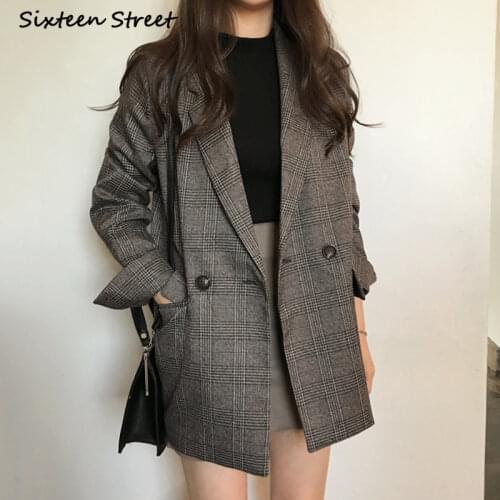 Blazers for Women Autumn Retro Simple Lapel Double Pocket Long Sleeved Jacket Chic Houndstooth Office Lady 2021 Korean Fashion