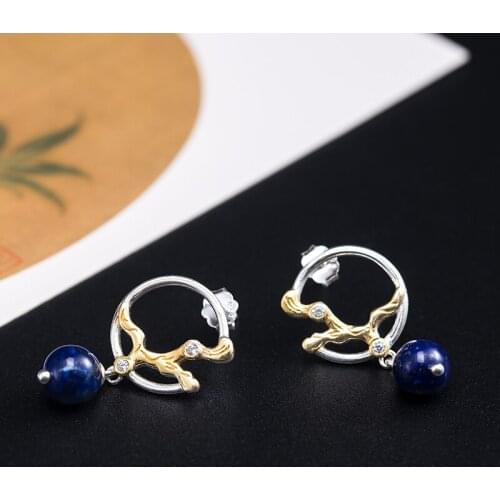 VLA 925 Silver National Style Lapis Lazuli Branch Earrings Womens Chinese Style Fashion Inlaid Zircon Earrings Accessories