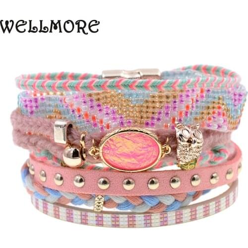 WELLMORE women bracelet pink Leather bracelets bohemia beads beaded charm bracelets for women fashion jewelry drop shipping