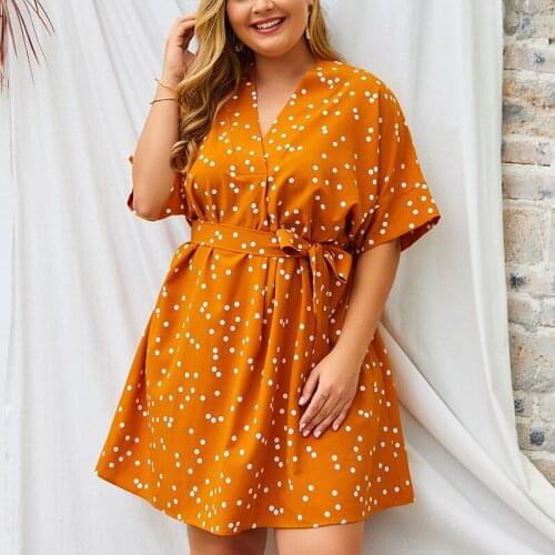 Summer Plus Size 4XL Dress Fashion Women Sexy V-neck Short Sleeve Belt Polka Dot Dress Big Bust Vestidos 2021 New