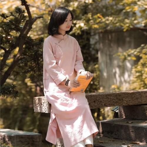 Women Retro Stand Collar Chinese Style Qipao Dress Ladies Cheongsam Solid Color Jacquard Dress Female Loose Robe Dress Vintage