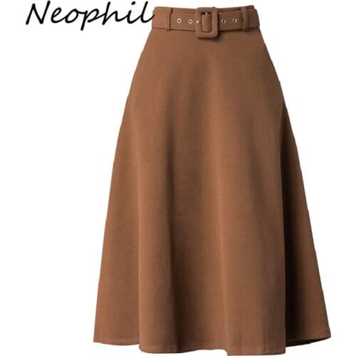 Neophil 2021 Winter Women Solid Woolen A-Line Midi Skirts High Waist Belt Gray Wool Vintage Plus Size Flare Skater Skirt S92D11
