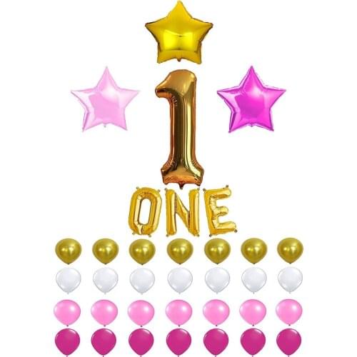 1st Birthday Party Balloon Decoration Kit with Party Planner Number &Letter Gold, White, Pink & Hot Pink Balloons set