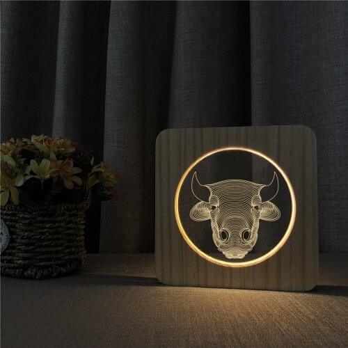 Cattle Animal 3D LED Arylic Wooden Night Lamp Table Light Switch Control Carving Lamp for Childrens Room Decorate