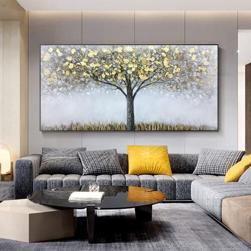Golden Fortune Tree Abstract Handmade Oil Painting On Canvas Hand Painted Mural Home Office Large Salon Decorative Painting Gift