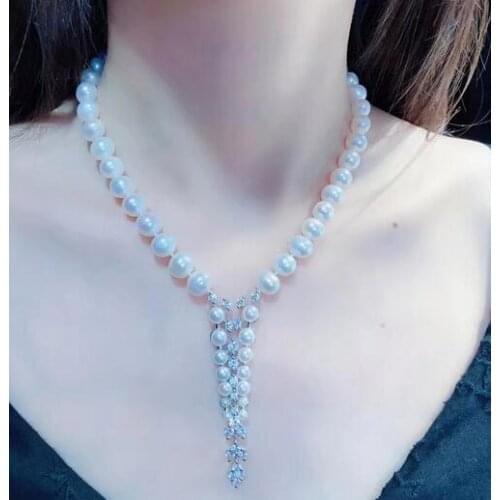Free shipping Jewelry 9-10mm natural south sea white pearl necklace micro inlay zircon crystal pendant