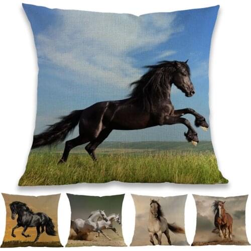 Black And White Bay Horses Arabian Palomino Galloping Horse Breeds Linen Pillow Case Home Room Sofa Decorative Cushion Covers