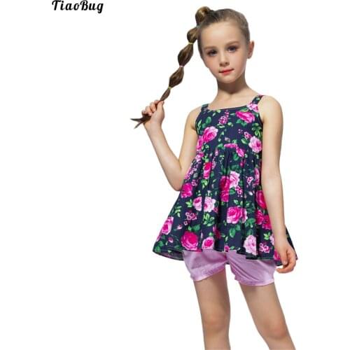 TiaoBug Kids Girls Stylish Clothes Set Sleeveless Bowknot Back Flower Print Tutu Dress Style Top With Elastic Waistband Shorts