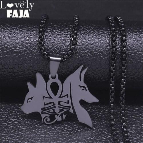 2021 Stainless Steel Egyptian Dog Cat Ankh Cross Long Necklace Chain Women/Men Black Necklace Jewelry collier homme N4436S03